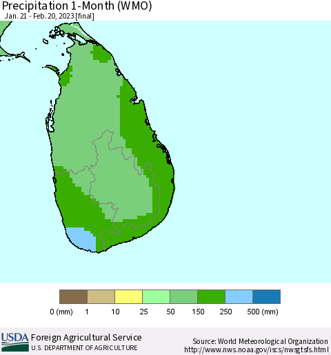 Sri Lanka Precipitation 1-Month (WMO) Thematic Map For 1/21/2023 - 2/20/2023