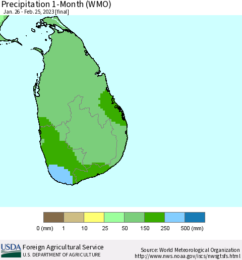 Sri Lanka Precipitation 1-Month (WMO) Thematic Map For 1/26/2023 - 2/25/2023
