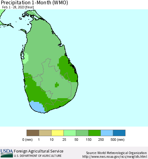 Sri Lanka Precipitation 1-Month (WMO) Thematic Map For 2/1/2023 - 2/28/2023