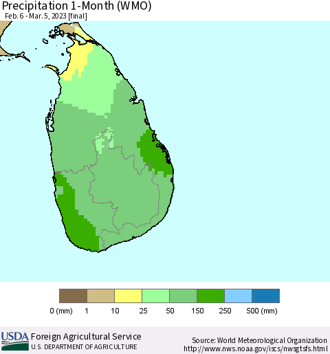 Sri Lanka Precipitation 1-Month (WMO) Thematic Map For 2/6/2023 - 3/5/2023