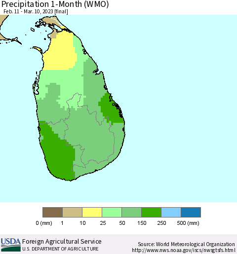 Sri Lanka Precipitation 1-Month (WMO) Thematic Map For 2/11/2023 - 3/10/2023
