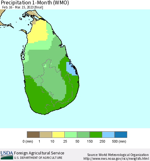 Sri Lanka Precipitation 1-Month (WMO) Thematic Map For 2/16/2023 - 3/15/2023