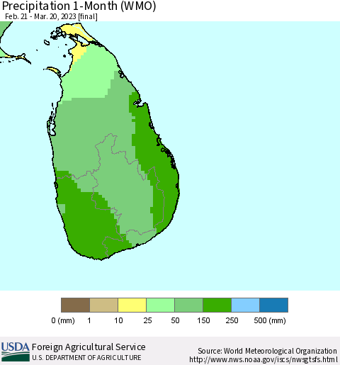 Sri Lanka Precipitation 1-Month (WMO) Thematic Map For 2/21/2023 - 3/20/2023