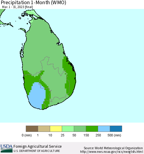 Sri Lanka Precipitation 1-Month (WMO) Thematic Map For 3/1/2023 - 3/31/2023
