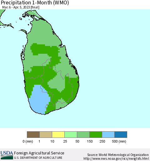 Sri Lanka Precipitation 1-Month (WMO) Thematic Map For 3/6/2023 - 4/5/2023