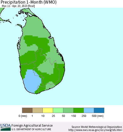 Sri Lanka Precipitation 1-Month (WMO) Thematic Map For 3/11/2023 - 4/10/2023
