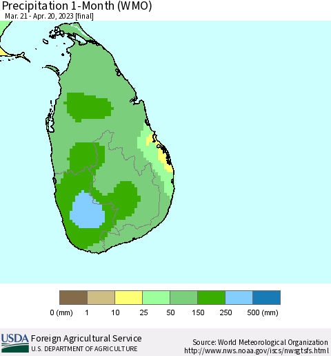 Sri Lanka Precipitation 1-Month (WMO) Thematic Map For 3/21/2023 - 4/20/2023