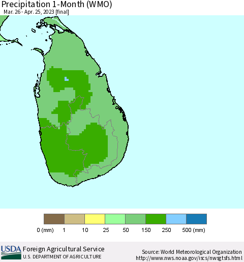 Sri Lanka Precipitation 1-Month (WMO) Thematic Map For 3/26/2023 - 4/25/2023