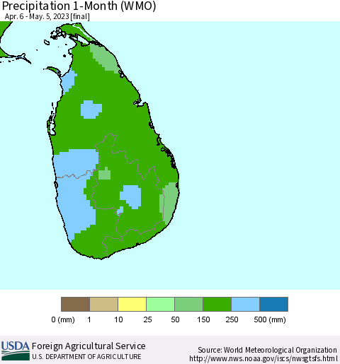 Sri Lanka Precipitation 1-Month (WMO) Thematic Map For 4/6/2023 - 5/5/2023