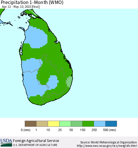 Sri Lanka Precipitation 1-Month (WMO) Thematic Map For 4/11/2023 - 5/10/2023