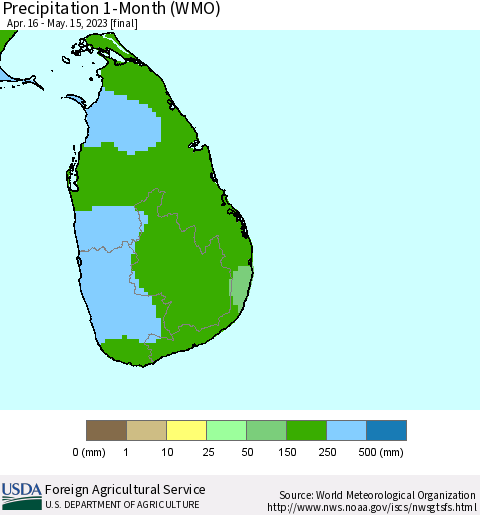 Sri Lanka Precipitation 1-Month (WMO) Thematic Map For 4/16/2023 - 5/15/2023