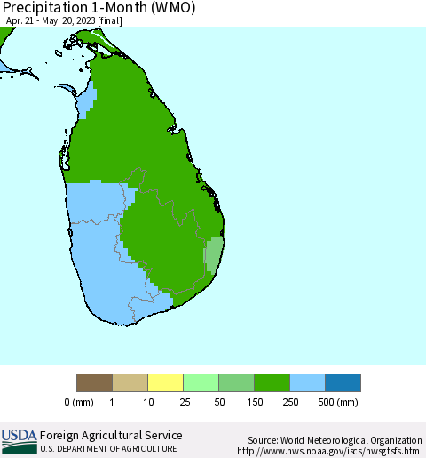 Sri Lanka Precipitation 1-Month (WMO) Thematic Map For 4/21/2023 - 5/20/2023