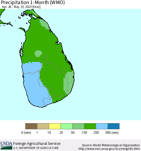 Sri Lanka Precipitation 1-Month (WMO) Thematic Map For 4/26/2023 - 5/25/2023