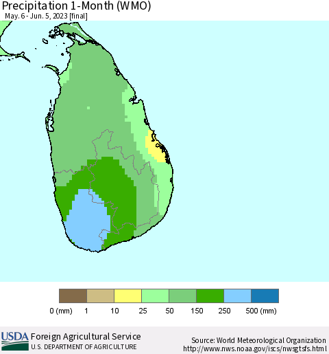 Sri Lanka Precipitation 1-Month (WMO) Thematic Map For 5/6/2023 - 6/5/2023