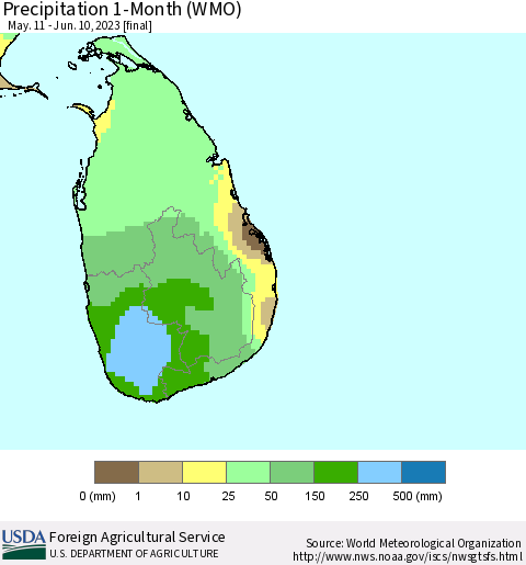 Sri Lanka Precipitation 1-Month (WMO) Thematic Map For 5/11/2023 - 6/10/2023