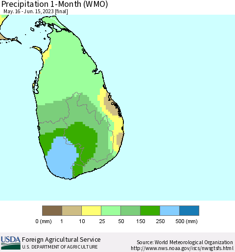 Sri Lanka Precipitation 1-Month (WMO) Thematic Map For 5/16/2023 - 6/15/2023