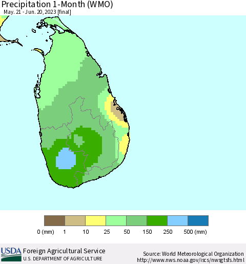 Sri Lanka Precipitation 1-Month (WMO) Thematic Map For 5/21/2023 - 6/20/2023