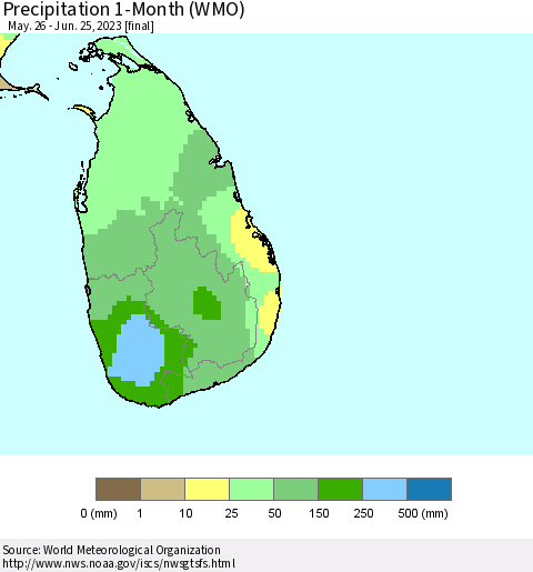 Sri Lanka Precipitation 1-Month (WMO) Thematic Map For 5/26/2023 - 6/25/2023