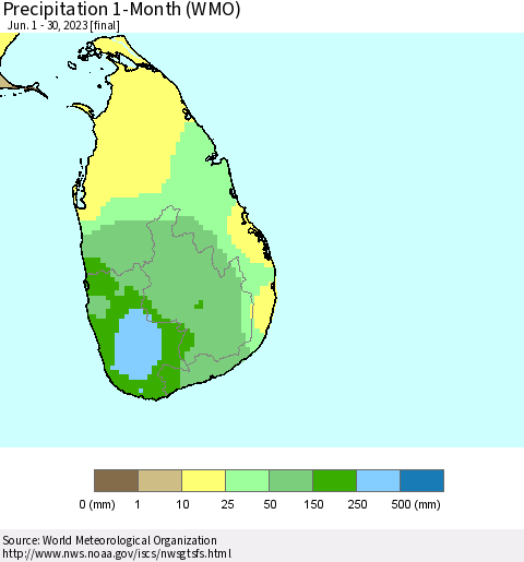 Sri Lanka Precipitation 1-Month (WMO) Thematic Map For 6/1/2023 - 6/30/2023