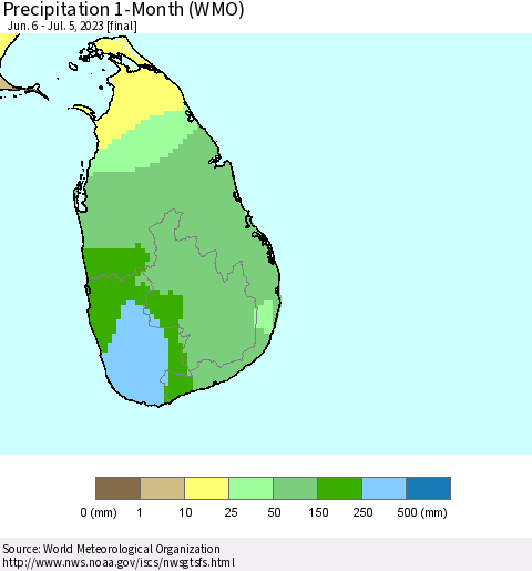 Sri Lanka Precipitation 1-Month (WMO) Thematic Map For 6/6/2023 - 7/5/2023