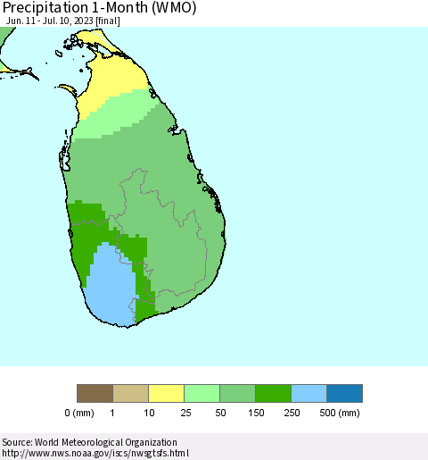Sri Lanka Precipitation 1-Month (WMO) Thematic Map For 6/11/2023 - 7/10/2023