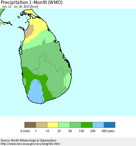 Sri Lanka Precipitation 1-Month (WMO) Thematic Map For 6/21/2023 - 7/20/2023