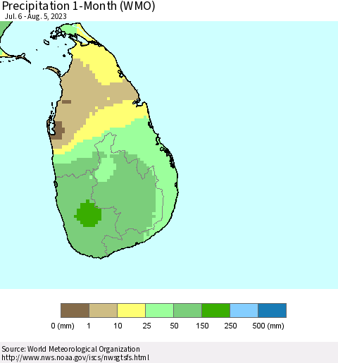 Sri Lanka Precipitation 1-Month (WMO) Thematic Map For 7/6/2023 - 8/5/2023