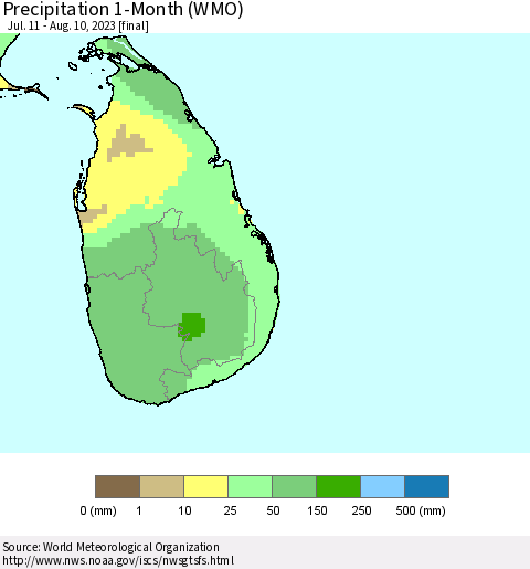 Sri Lanka Precipitation 1-Month (WMO) Thematic Map For 7/11/2023 - 8/10/2023