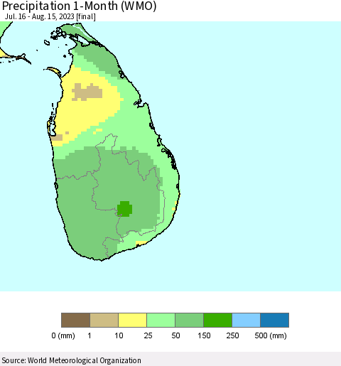 Sri Lanka Precipitation 1-Month (WMO) Thematic Map For 7/16/2023 - 8/15/2023