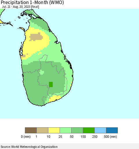 Sri Lanka Precipitation 1-Month (WMO) Thematic Map For 7/21/2023 - 8/20/2023