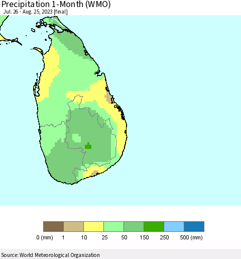 Sri Lanka Precipitation 1-Month (WMO) Thematic Map For 7/26/2023 - 8/25/2023