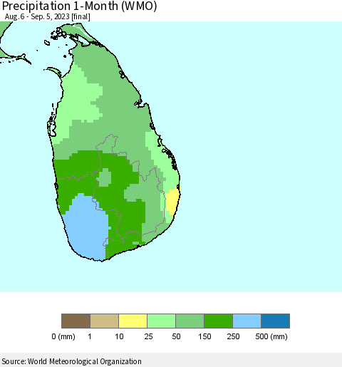 Sri Lanka Precipitation 1-Month (WMO) Thematic Map For 8/6/2023 - 9/5/2023