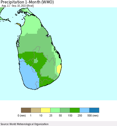 Sri Lanka Precipitation 1-Month (WMO) Thematic Map For 8/11/2023 - 9/10/2023