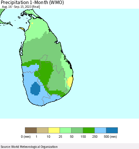 Sri Lanka Precipitation 1-Month (WMO) Thematic Map For 8/16/2023 - 9/15/2023