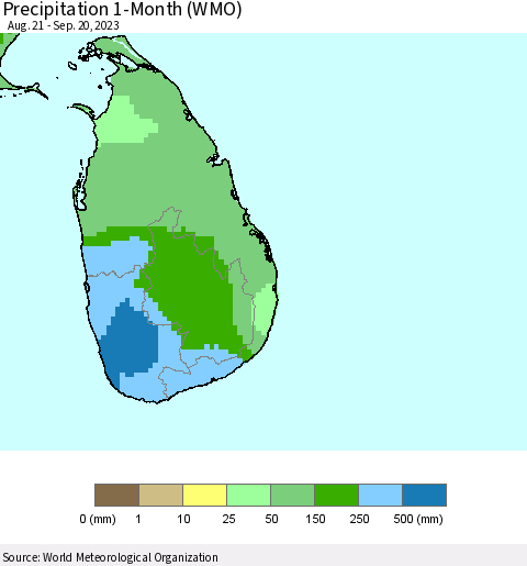 Sri Lanka Precipitation 1-Month (WMO) Thematic Map For 8/21/2023 - 9/20/2023