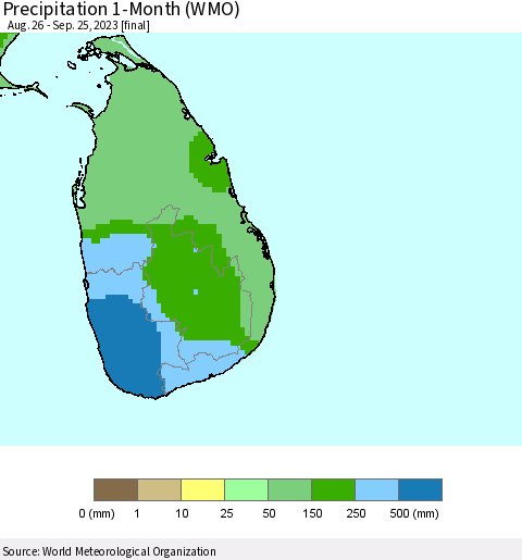 Sri Lanka Precipitation 1-Month (WMO) Thematic Map For 8/26/2023 - 9/25/2023