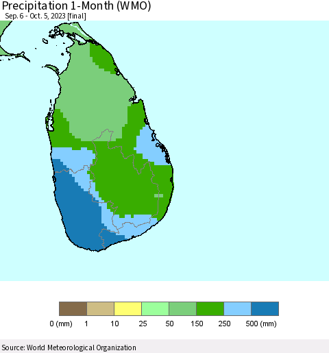 Sri Lanka Precipitation 1-Month (WMO) Thematic Map For 9/6/2023 - 10/5/2023