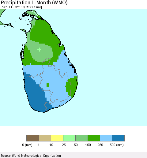 Sri Lanka Precipitation 1-Month (WMO) Thematic Map For 9/11/2023 - 10/10/2023