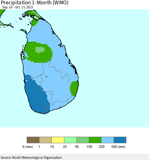 Sri Lanka Precipitation 1-Month (WMO) Thematic Map For 9/16/2023 - 10/15/2023
