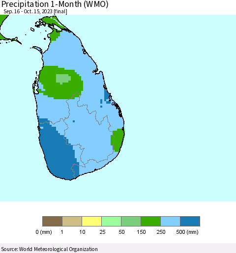 Sri Lanka Precipitation 1-Month (WMO) Thematic Map For 9/16/2023 - 10/15/2023