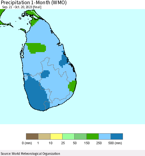 Sri Lanka Precipitation 1-Month (WMO) Thematic Map For 9/21/2023 - 10/20/2023