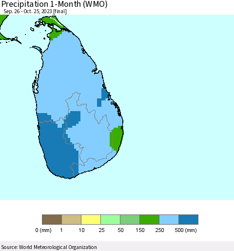 Sri Lanka Precipitation 1-Month (WMO) Thematic Map For 9/26/2023 - 10/25/2023