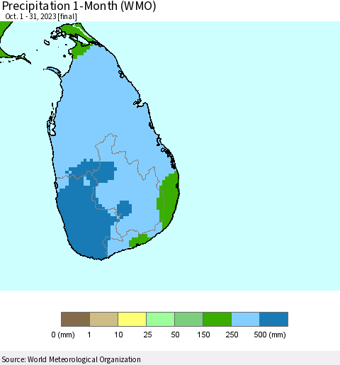 Sri Lanka Precipitation 1-Month (WMO) Thematic Map For 10/1/2023 - 10/31/2023