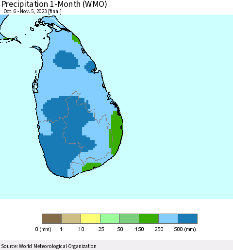 Sri Lanka Precipitation 1-Month (WMO) Thematic Map For 10/6/2023 - 11/5/2023