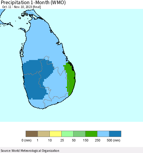 Sri Lanka Precipitation 1-Month (WMO) Thematic Map For 10/11/2023 - 11/10/2023