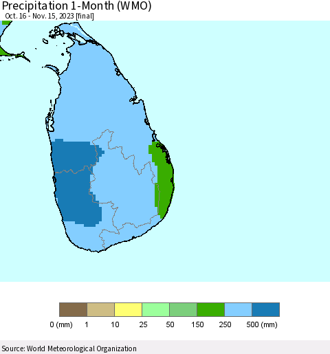 Sri Lanka Precipitation 1-Month (WMO) Thematic Map For 10/16/2023 - 11/15/2023
