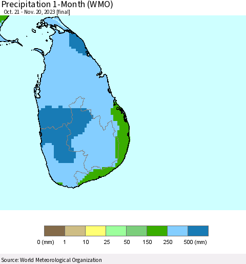Sri Lanka Precipitation 1-Month (WMO) Thematic Map For 10/21/2023 - 11/20/2023