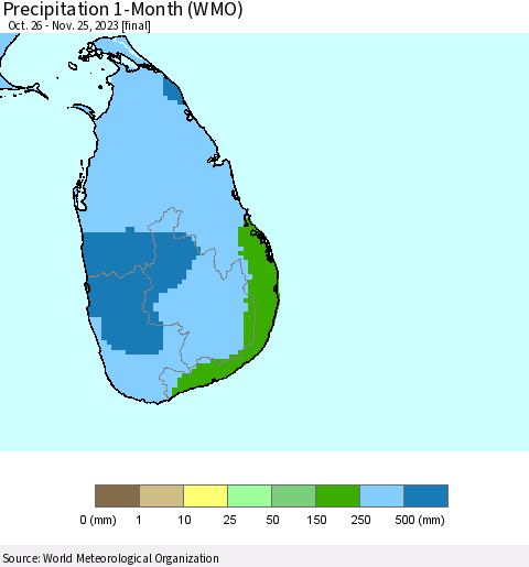 Sri Lanka Precipitation 1-Month (WMO) Thematic Map For 10/26/2023 - 11/25/2023