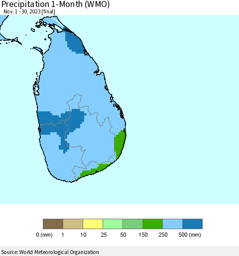 Sri Lanka Precipitation 1-Month (WMO) Thematic Map For 11/1/2023 - 11/30/2023