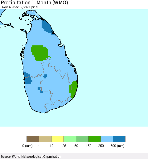 Sri Lanka Precipitation 1-Month (WMO) Thematic Map For 11/6/2023 - 12/5/2023